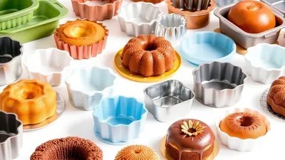 Verschiedene Backformen und Kuchen nebeneinander