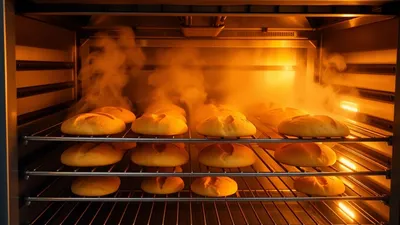 Industrieller Backofen mit Brotlaiben
