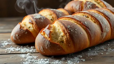 Brotlaibe mit goldbrauner Kruste auf Holztisch