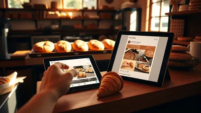 Bäckerei mit Brot, Gebäck und Social Media Tablet.
