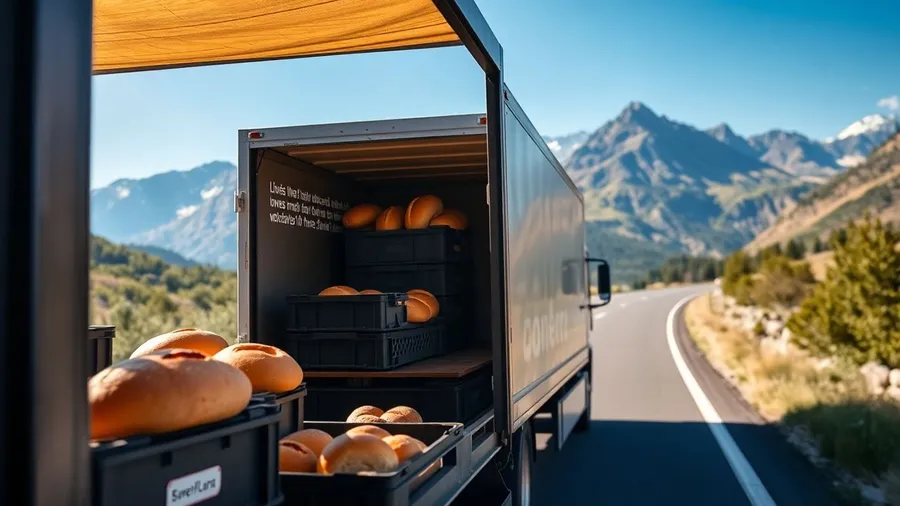 Bäckereilieferwagen fährt auf einer Straße mit Gebirge im Hintergrund.