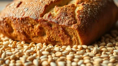 Brot und Getreidekörner auf Holzhintergrund