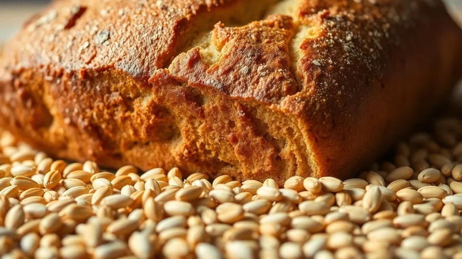 Brot und Getreidekörner auf Holzhintergrund