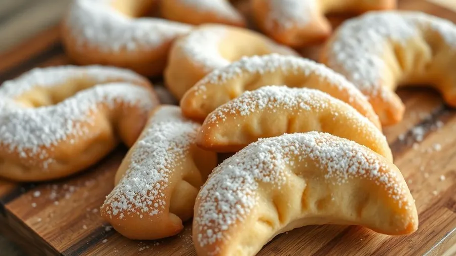 Frisch gebackene Vanillekipferl auf einem Holzbrett.
