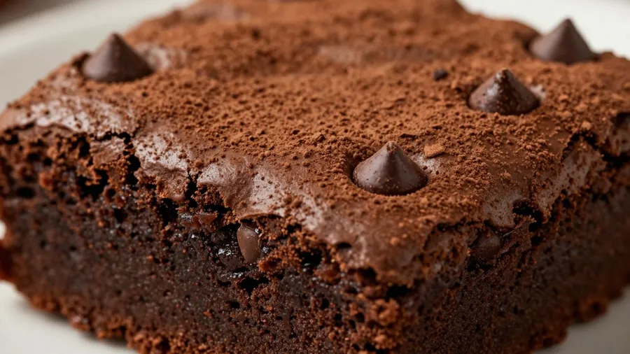 Saftige vegane Brownies mit Schokoladenstückchen auf einem Teller.