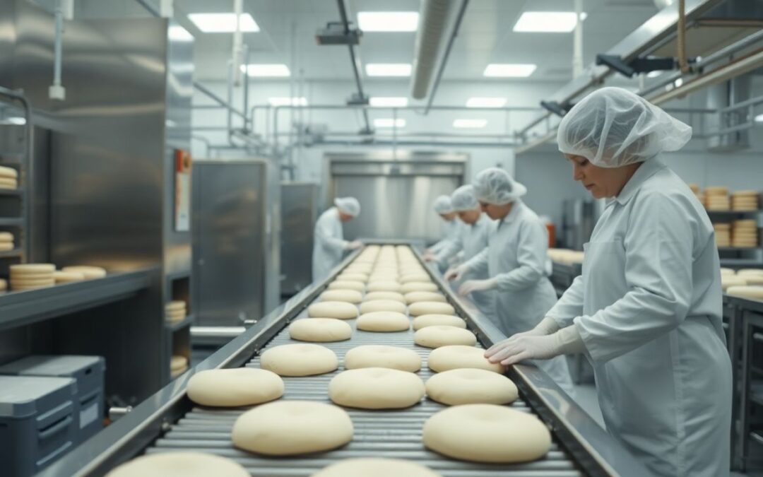 Saubere industrielle Großbäckerei mit Arbeitern in Uniformen.